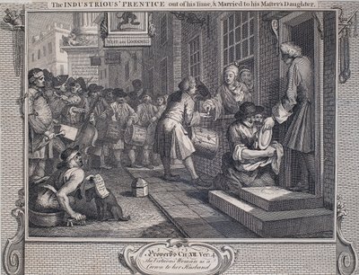 Průmysl a zahálka: Průmyslný "Prentice Married" (liniová rytina na papíře) od William Hogarth