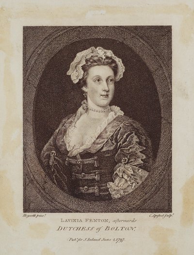 Lavinia Fenton, později vévodkyně z Boltonu, ryl Cornelius Apostol (1762-1844), 1797 (tečkovaná rytina) od William Hogarth