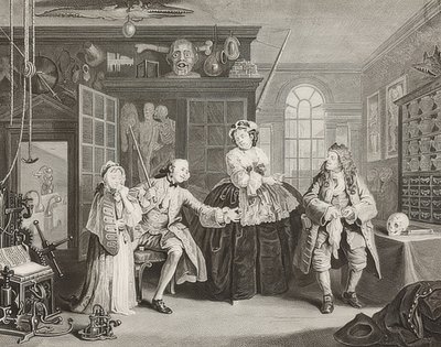 Manželství à la Mode / manželství podle módy. List 3: Inspekce / Hrabě a šarlatán. 1745 od William Hogarth