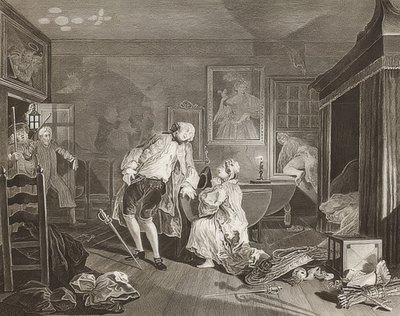 Manželství à la Mode / manželství podle módy. List 5: Bagnio / Hrabě padne v souboji. 1745 od William Hogarth