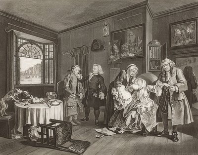 Marriage à la Mode / Manželství podle módy. List 6: Smrt dámy / Der Selbstmord der Gräfin. 1745 od William Hogarth
