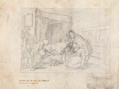 Provozní scéna v nemocnici s dceřinými náčrtky na okraji vpravo doleva od William Hogarth