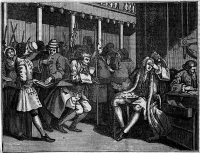 Deska ze série 12 rytin od Williama Hogartha (1697-1764), britského ilustrátora, s názvem „Industry and Idleness“, „“Zele and laziness“, vyprávějící o kariéře dvou učňů: Thomas Idle, vinný svými nectnostmi, byl soudcem Goodchildem, stal se ju od William Hogarth