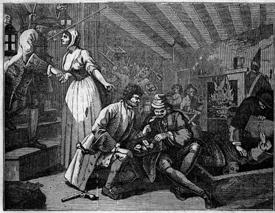 Deska převzatá ze série 12 rytin od Williama Hogartha (1697-1764), britského ilustrátora, nazvaná „Průmysl a zahálka“, „“Zele a lenost““, vyprávějící o kariéře dvou učňů: Thomas Idle, vinný svými nectnostmi, byl zastavil v hospodě v od William Hogarth