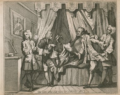 Ten, kdo byl nyní bílé barvy, je opakem bílé; Čtyři muži konfrontují černošku v její ložnici od William Hogarth