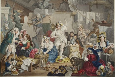 Chodící herečky oblékající se ve stodole, ilustrace z 