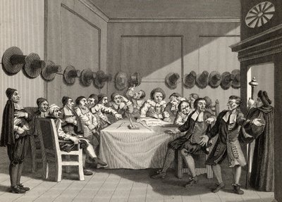 Výbor, z ‚Hudibras‘ od Samuela Butlera (1612-80) vyrytý Charlesem Mottramem (1807-76) z ‚Díla Williama Hogartha‘, vydané 1833 od William Hogarth