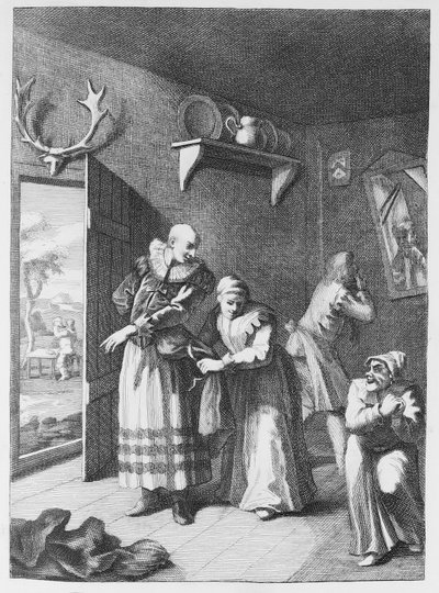 The Curate & Barber se maskují, aby dopravili Dona Luixota domů od William Hogarth