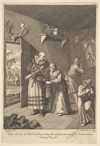 Kurát a holič se převlékají, aby zprostředkovali Don Quijote Home Six I..., 1756 nebo později. od William Hogarth