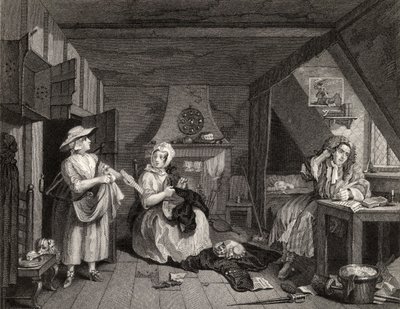 The Distressed Poet (Básník v tísni), z knihy The Works of William Hogarth (Dílo Williama Hogartha), vydané v roce 1833. od William Hogarth