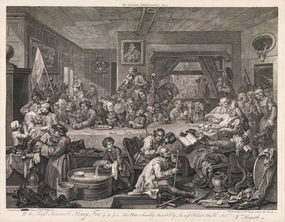 Volby, tabule 1: „Volební hostina“ od William Hogarth