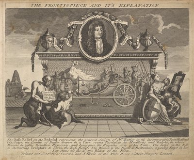 Frontispis a jeho vysvětlující deska 1: Ilustrace k Samuelu Butlers Hud..., 1725-30. od William Hogarth