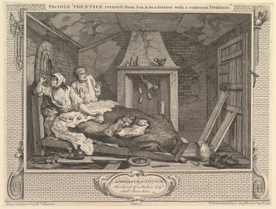 Idle Prentice se vrátil z moře a v podkroví s obyčejnou prostitutkou..., 30. září 1747. od William Hogarth