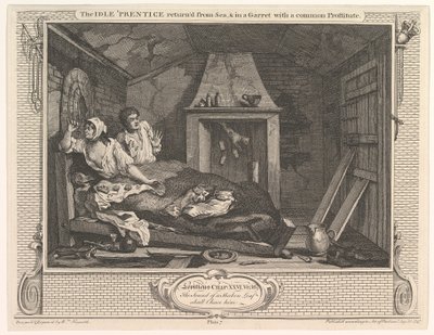 Idle Prentice se vrátil z moře a v podkroví se společnou prostitutkou..., 30. prosince 1747. od William Hogarth