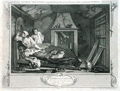 Nečinnost „Prentice se vrátil z moře a v podkroví s prostitutkou“, deska VII „Industry and Idleness“, vydaná 1833 (rytina) od William Hogarth