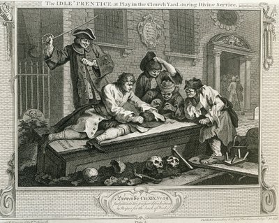 Nečinný „Prentice ve hře na dvoře kostela během bohoslužby“, deska III „Průmysl a zahálka“, vydaná v roce 1833 od William Hogarth