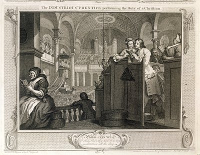 Pracovitý „Prentice vykonávající povinnost křesťana“, deska II „Průmysl a nečinnost“, vydaná v roce 1833 od William Hogarth