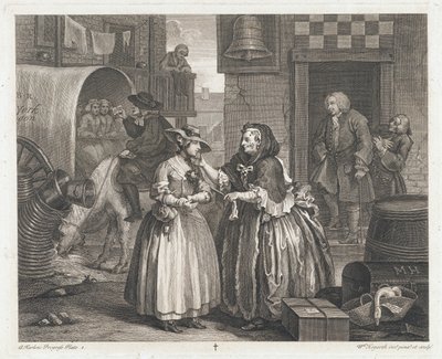 Z nevinné dívky se stává nevěstka, navrženo 1732, tištěno 1744 (lept a rytina) od William Hogarth