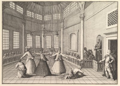 Uvnitř mešity tančí derviši Aubry de La Mottrayes cestuje po..., 1723-24. od William Hogarth