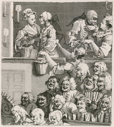 Smějící se publikum. Hogarthův pohled na Drury Lane s oranžovými děvčaty v roce 1733 od William Hogarth