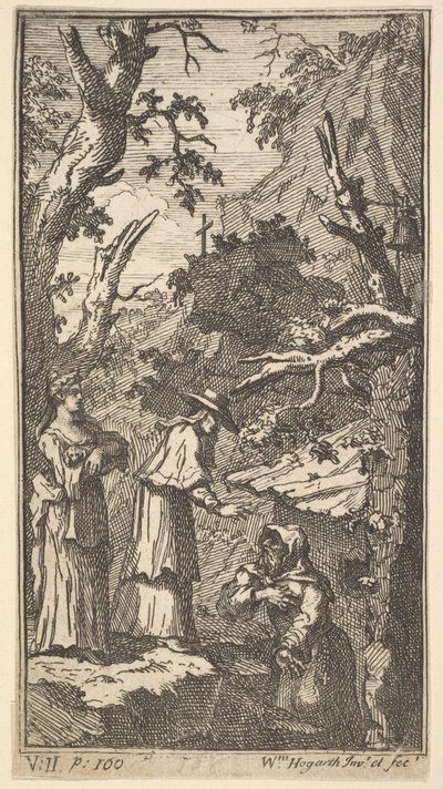 The New Metamorphosis, Plate 7: The Cardinal, a Hermit and Donna Angela Holding Fantasio, 1724. od William Hogarth