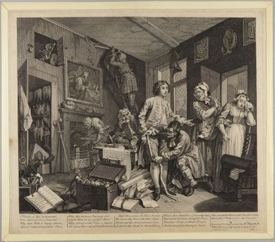 Mladý dědic se ujímá majetku, tabule 1 z cyklu Kariéra zhýralce od William Hogarth