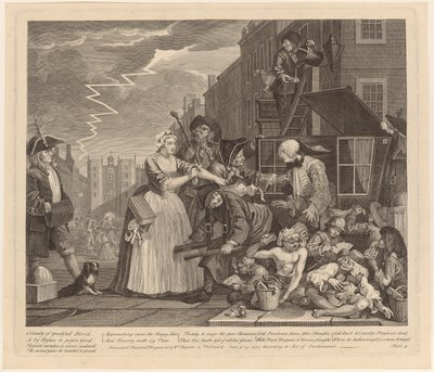 Zatčen pro dluhy, list 4 ze série „Život prostopášníka“ od William Hogarth