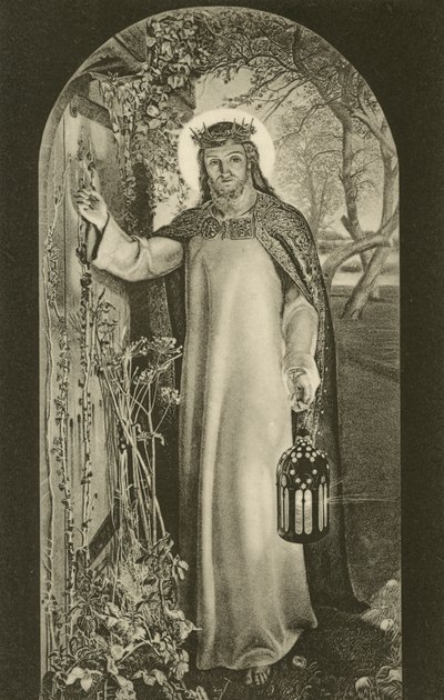 Světlo světa, obraz na Keble College, Oxford, Oxfordshire, zobrazující Krista, jak nese lucernu a klepe na dveře (černobílá fotografie) od William Holman (after) Hunt