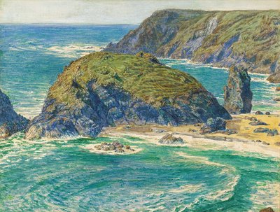 Chřestový ostrov, Kynance, Cornwall (tužka a akvarel zvýrazněny bílou barvou a se škrábáním) od William Holman Hunt