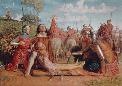 Rienzi se zavázal získat spravedlnost za smrt svého mladého bratra, zabitého v potyčce mezi frakcemi Colonna a Orsini, 1849-49 od William Holman Hunt