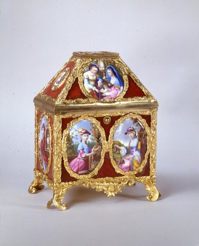 Rakev George III obsahující krajní hodinky na způsob Jamese Coxe, kolem roku 1770 (pozlacený kov, smalt a verre-eglomise) (viz také 741846) od William Hopkins Craft