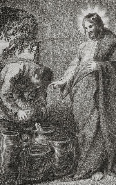 Kristus proměňující vodu ve víno, z „Historie a života našeho požehnaného Pána a Spasitele Ježíše Krista“, od reverenda J. Milnera, vydal B. Crosby, 1808 od William Hopwood