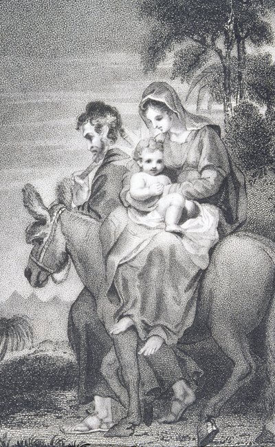 Útěk do Egypta, z „Historie a života našeho požehnaného Pána a Spasitele Ježíše Krista“, od reverenda J. Milnera, vydal B. Crosby, 1808 od William Hopwood