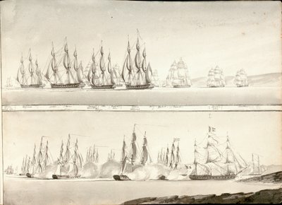 Různé způsoby malby linie válečných lodí, počátek 19. století (pero, šedá barva) od William Innes Pocock