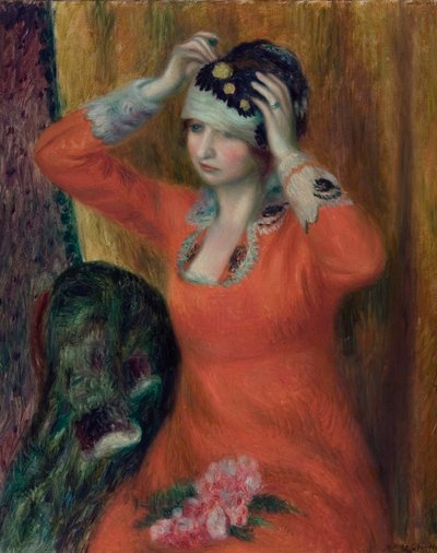 Dívka v červených šatech připnutí na klobouk od William James Glackens