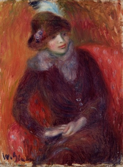 Sedící žena s kožešinovým nákrčníkem a červeným pozadím od William James Glackens