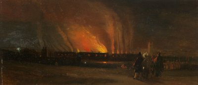 Bristol Riots: The Burning of the New Gaol z blízkosti Prince Street, kolem roku 1831 (olej na papíře) od William James Muller