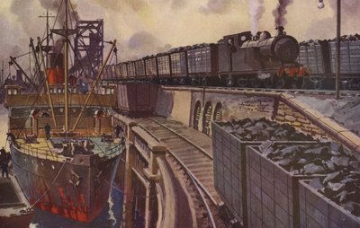 Uhelný vlak tažený cisternovou lokomotivou 4-4-2 (barevná litografie) od William John Patton McDowell