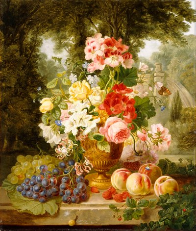 Váza s letními květinami a ovocem na římse v krajině, 1867 od William John Wainwright