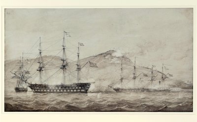Lodě HMS "Wellesley", "Columbine" a "Grisel" u Amoy (Čína) v roce 1841. Lavis od William Joy