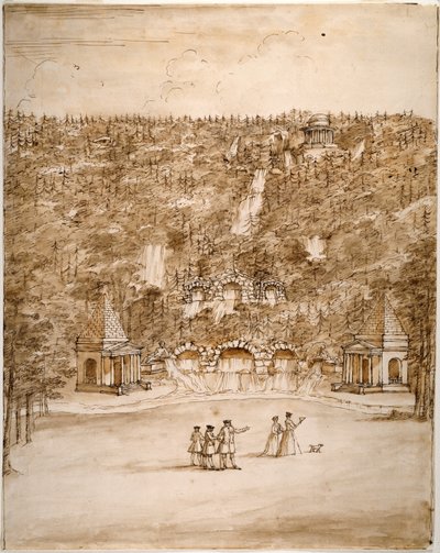 Chatsworth: design pro kaskádu, počátek 40. let 18. století (pero a hnědý inkoust s hnědou tužkou na papíře) od William Kent