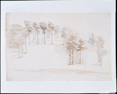 Chiswick, pohled z vyvýšeného místa nad Orange Tree Garden Temple (tužka a mytí na papíře) od William Kent