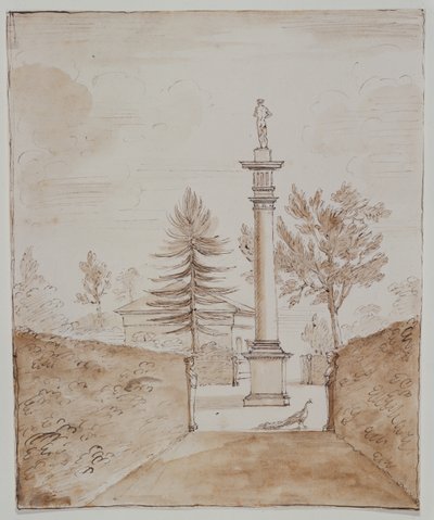 Chiswick, pohled na dórský sloup se sochou Venuše de Medici a pohled na boční stranu domu jelenů (pero a inkoust na papíře) od William Kent