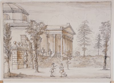 Chiswick, pohled na vilu ze strany sochy Palladia (pero a inkoust a pero tužkou na papíře) od William Kent