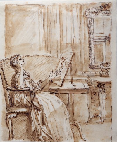 Lady Burlingtonová sedící ve svém zahradním pokoji a obdivující kresbu starého mistra (?) (pero a inkoust na papíře) od William Kent