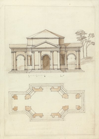 Townsendova budova v Rousham, Oxfordshire: Výška a plán od William Kent