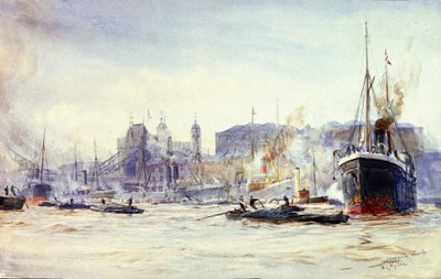 Aktivní scéna na nábřeží Irongate na Temži (Anglie), v dálce Tower Bridge od William Lionel Wyllie
