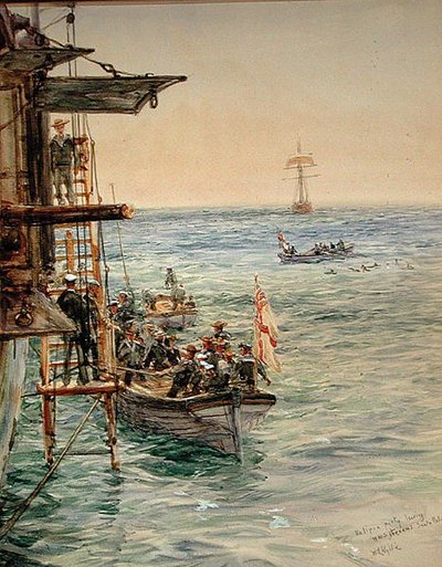 Eclipse Party Odcházení H.M.S. Theseus, Santa Pola (akvarel na papíře) od William Lionel Wyllie