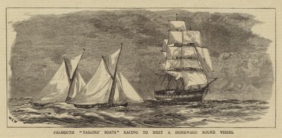 Krejčovské čluny Falmouth závodí, aby potkaly plavidlo vázané domů od William Lionel Wyllie