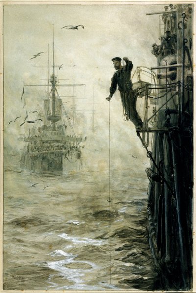 Hledání cesty mlhou, v popředí námořník balancující na dráze a držící olovnici, aby změřil hloubku vody. od William Lionel Wyllie